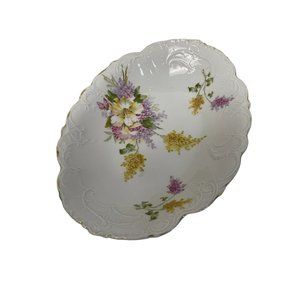 Vintage Collectible Rare Ceramic Oval Dish Plate Gold Trim White Floral Germany